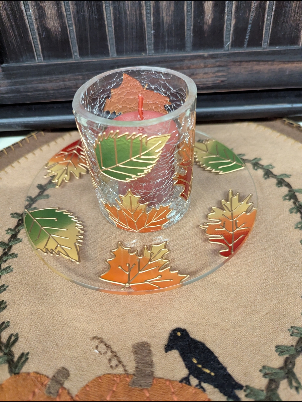 Yankee Candle Autumn Leaf Glass Plate & Matching Votive Holder - Orange & Greens
